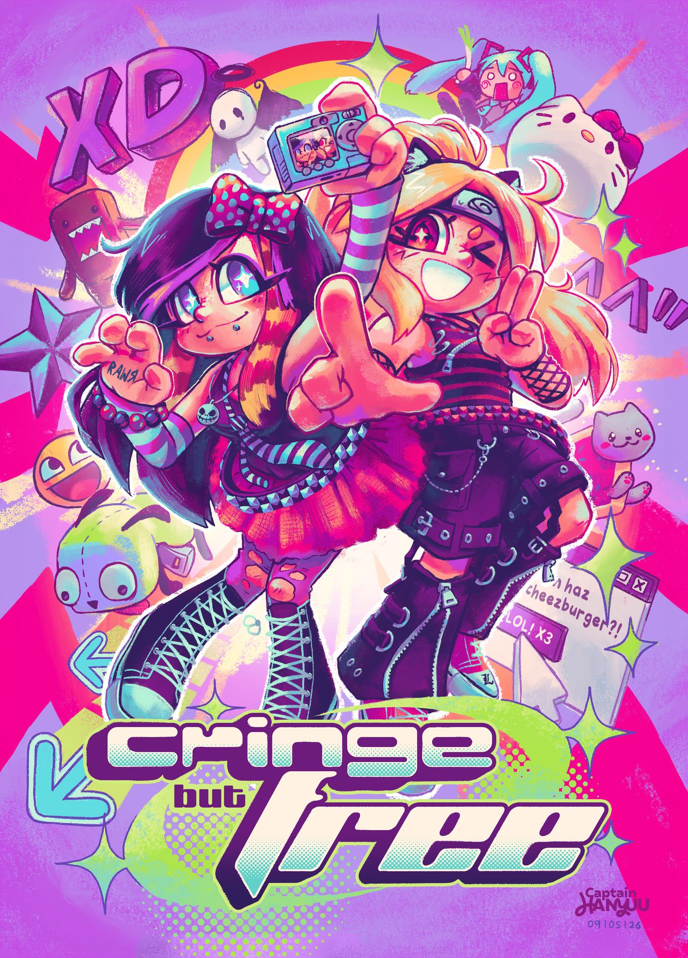 Eine Illustration von zwei Figuren zum Y2K-Thema: eine „Scene-Queen“ und ein „Weeaboo-Mädchen“. Das „Scene-Mädchen“ trägt eine toupierte Frisur mit einer riesigen Schleife, jede Menge Accessoires, einen Rock, zerrissene Strumpfhosen und kniehohe Chucks. Das Weeaboo-Mädchen hat einen Pferdeschwanz, Katzenohren und ein Naruto-Stirnband. Sie trägt „Visual-Kei“-Kleidung. Im Hintergrund ist eine Explosion von Y2K-Nostalgie aus dem Internet und der Popkultur zu sehen, darunter Nyan Cat, Domo-Kun, Awesome Face, Gir, Miku und Hello Kitty.