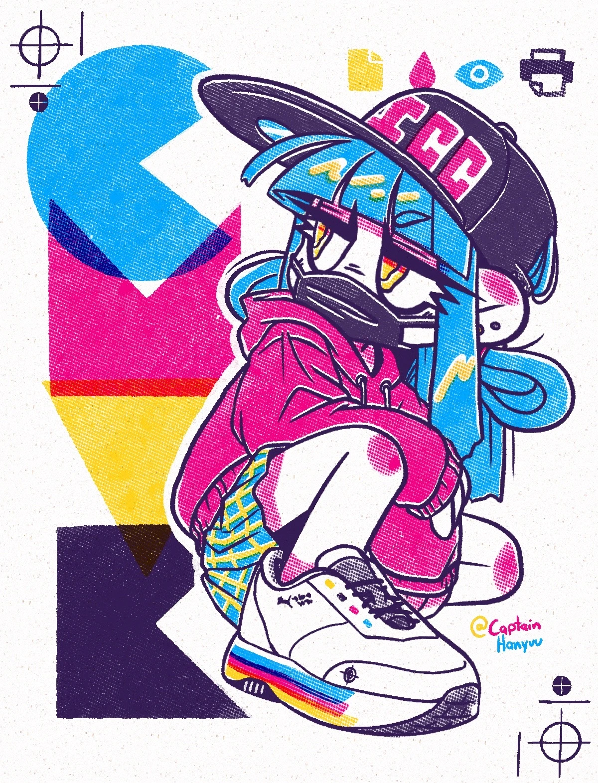 Illustration von CMYK-chan, posend mit CMYK-gebrandeten Sneakern. Im Hintegrrund sind Symbole der Druckproduktion zu sehen.