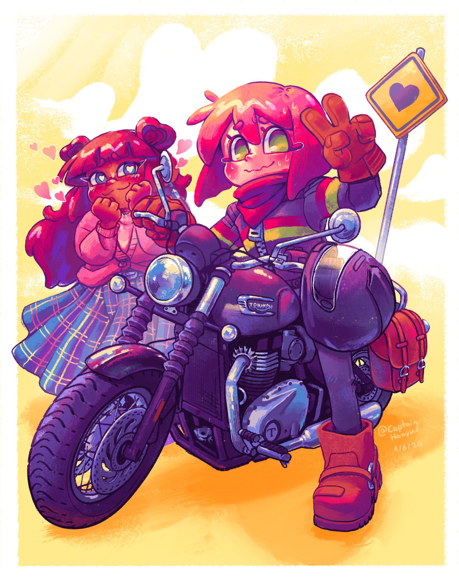 Eine Illustration meiner eigenen Charaktere Hilda (vorne) und Haru (hinten). Hilda sitzt auf ihrer Triumph Bonneville Speedmaster, macht ein Peace-Zeichen und schwitzt dabei nervös. Haru im Hintergrund blickt Hilda bewundernd an.