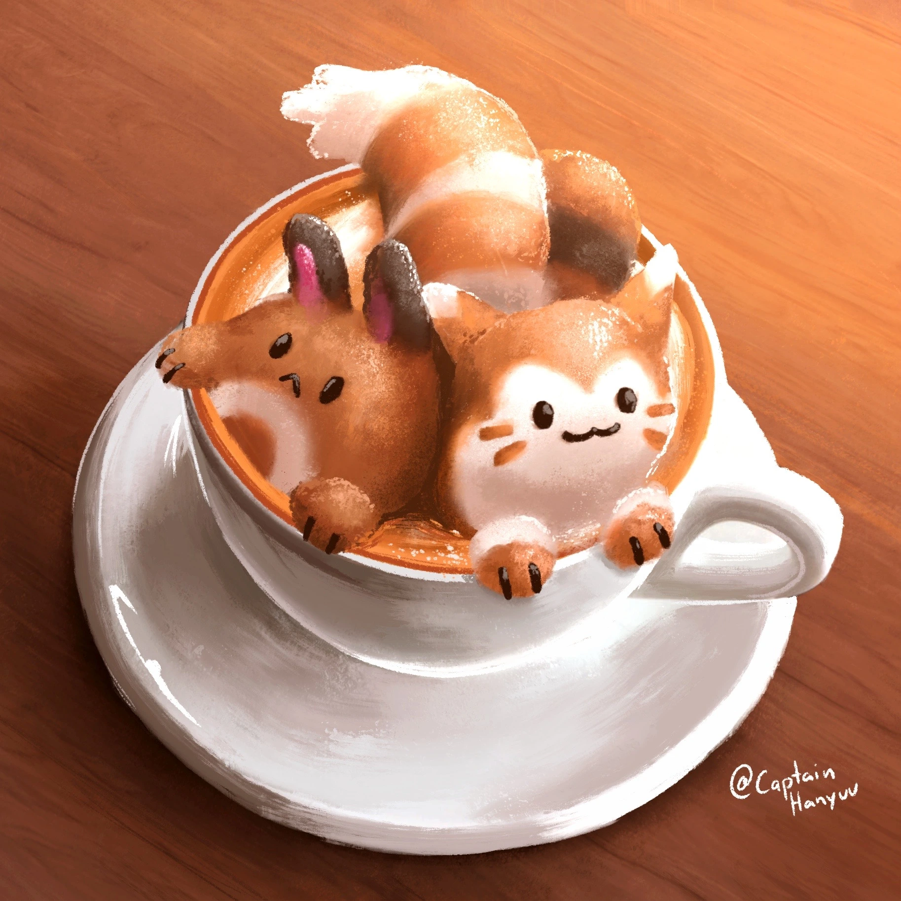 Eine realistische Illustration von einer Kaffeetasse mit zwei Milchschaumfiguren in Form von Wiesor und Wiesenior