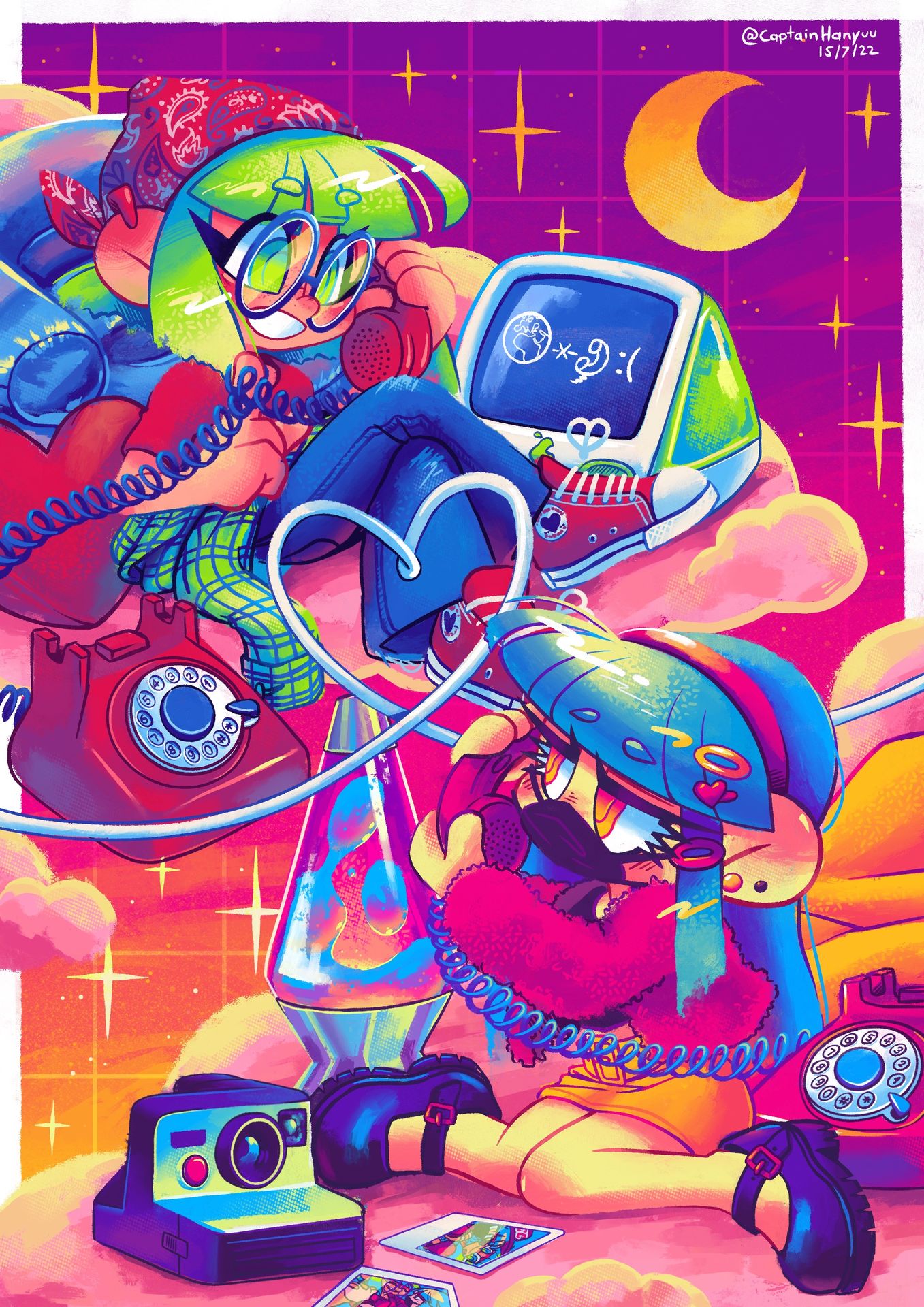 Illustration meiner eigenen Charaktere CMYK-chan und RGB-chan. Die Szene strahlt eine warme Atmosphäre im Stil der 90er Jahre aus, und die beiden telefonieren gerade über das Festnetz miteinander. Der Computer kann sich deswegen nicht mit dem Internet verbinden!