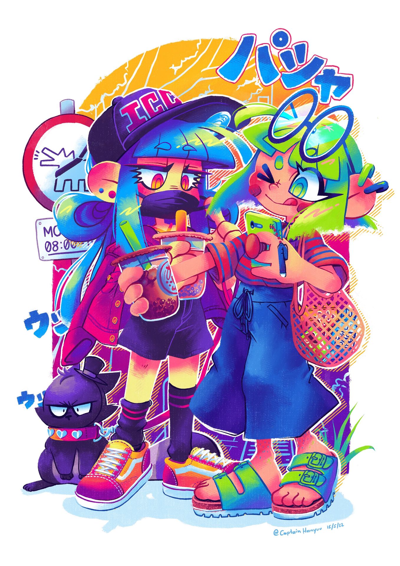 Illustration meiner selbst erfundenen Figuren CMYK-chan und RGB-chan. Beide tragen Sommerkleidung und trinken Boba-Tee. Grayscale ist bei ihnen und muss an die Leine genommen werden.