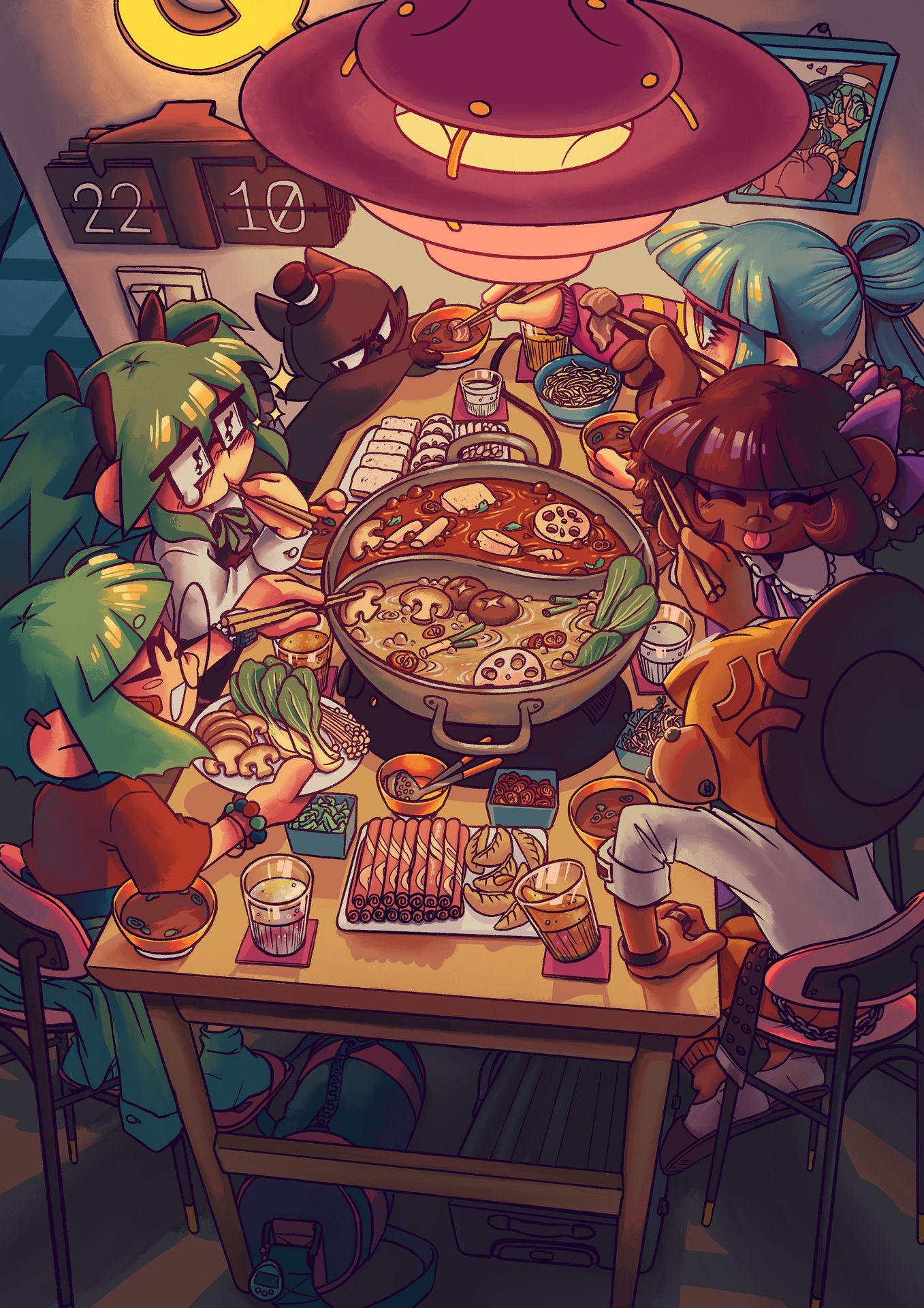 Vogelperspektive auf einen Tisch, in dessen Mitte ein großer Hotpot steht, umgeben von zahlreichen Gerichten. Die Atmosphäre ist warm und gemütlich. RGB-chan gibt Gemüse für alle hinzu, während RAL-chan die köstliche Magie des Hotpots entdeckt. CMYK-chan reicht Grayscale, dessen Gliedmaßen gerade ein bisschen zu kurz sind, etwas frisch gegartes Rindfleisch. Pantone-san und HKS-san geraten in einen Streit darüber, wem gerade das Rindfleisch gestohlen wurde.