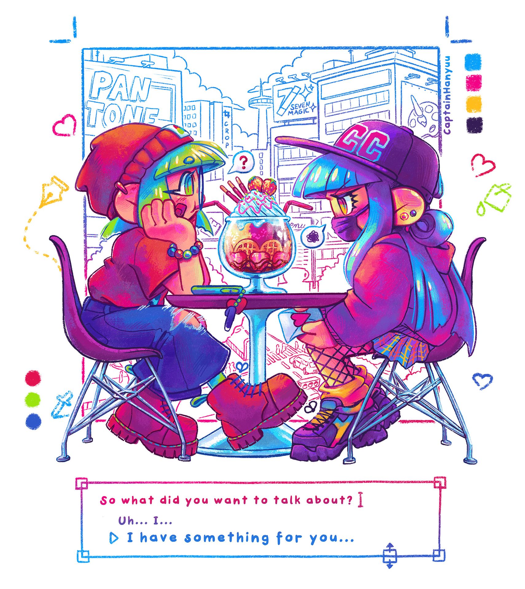 Meine selbst erfundenen Figuren CMYK-chan und RGB-chan sitzen zusammen in einem Café und teilen sich ein riesiges Parfait. RGB-chan schaut zu CMYK-chan hinüber, die nervös unter dem Tisch einen Liebesbrief in der Hand hält. Darunter befindet sich ein Textfeld mit der Aufschrift „Also, worüber wolltest du reden?“ Und die beiden Antworten lauten „Äh … ich …“ und „Ich habe etwas für dich …“