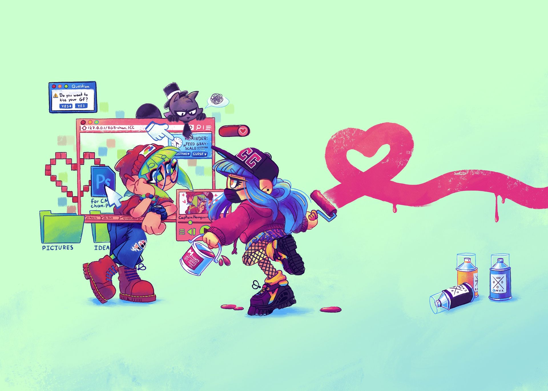 Illustration meiner eigenen Charaktere RGB-chan und CMYK-chan. RGB-chan steht in einem Browser-Frame und CMYK-chan läuft mit einem Eimer Farbe auf sie zu.