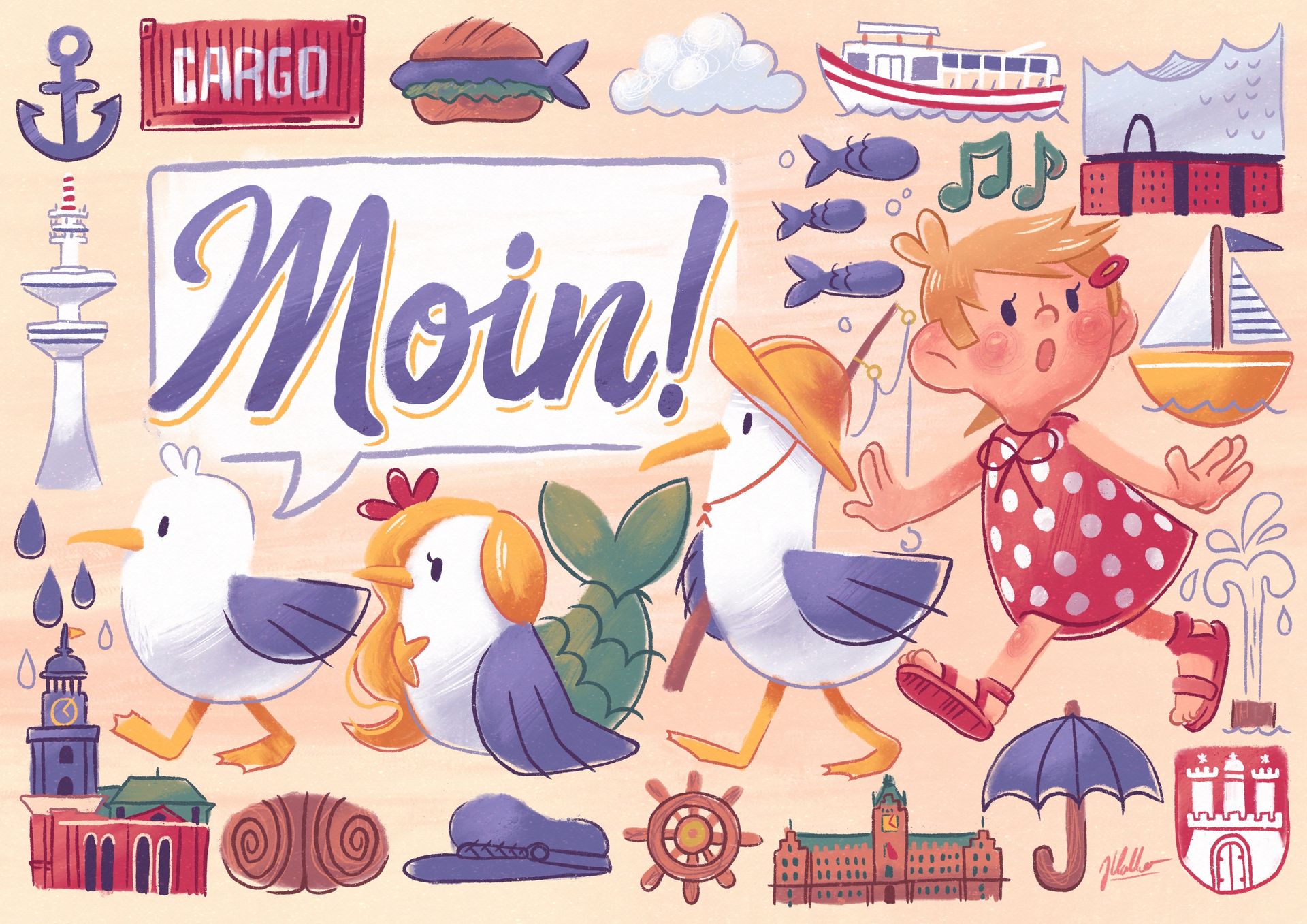 Illustration von drei Möwen und einem Kind, umgeben von Sehenswürdigkeiten und Touristenattraktionen aus Hamburg, Deutschland